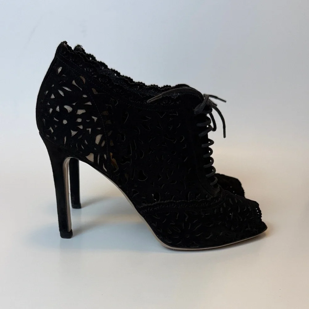 Valentino Garavani Black‎ Suede Lace Cut Out Boot Heels Size 37